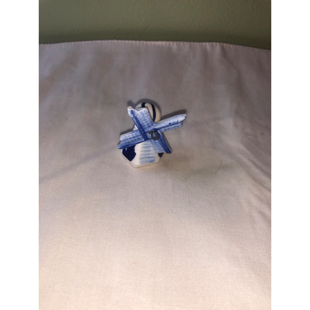 Miniature Ceramic Windmill Figurine Blue White Hand Painted Dutch Style Trinket